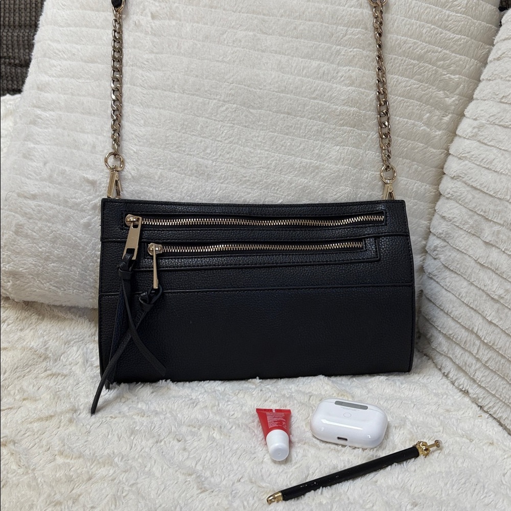 Black Faux Leather Crossbody Bag with Gold Accents and Zippers